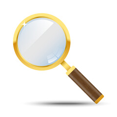 Gold Magnifying glass vector illustration. Realistic Magnifying glass wood handle