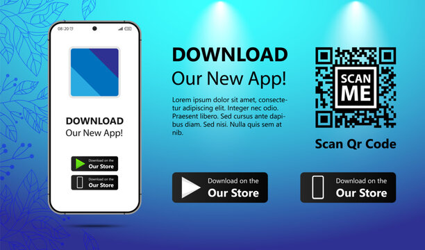 Download our app for mobile phone. Advertising banner for downloading mobile app. Mockup smartphone with empty screen for your app. Vector illustration