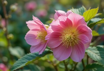 Obraz premium Two photos of hellebore flowers, one with black petals and yellow centers and the other with pink petals in a spring garden setting.