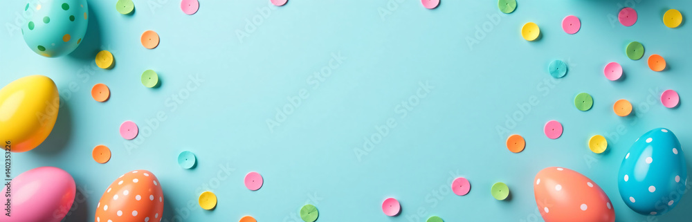 Aufkleber Multicolored Easter Eggs And Confetti Are Scattered Across A Pale Blue Background With Plenty Of Empty Space For Display.