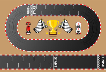 Racing track, top view of asphalt roads set, kart race with start and finish line. Vector illustration.