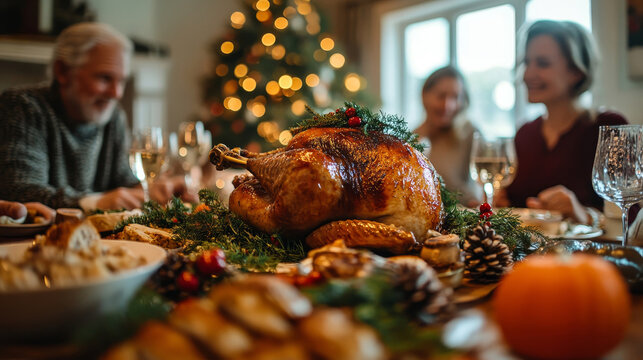 Family and Friends Gather at Home for a Traditional Christmas Dinner with a Turkey Roast. Living Room is Crowded with Senior and Young Adults Enjoying, Generative AI - Powered by Adobe