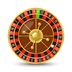 Golden casino roulette wheel with numbers and cells on white background with golden light, rays, glare, sparkles. Vector illustration for casino, game design, advertising