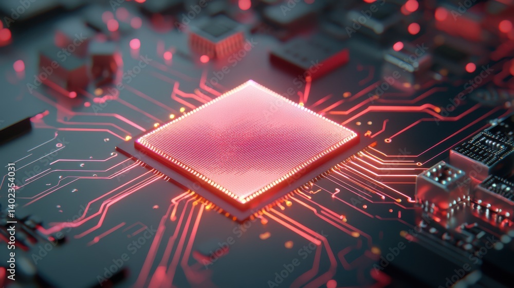 Poster glowing red processor chip on electronic circuit board, high tech computer technology concept