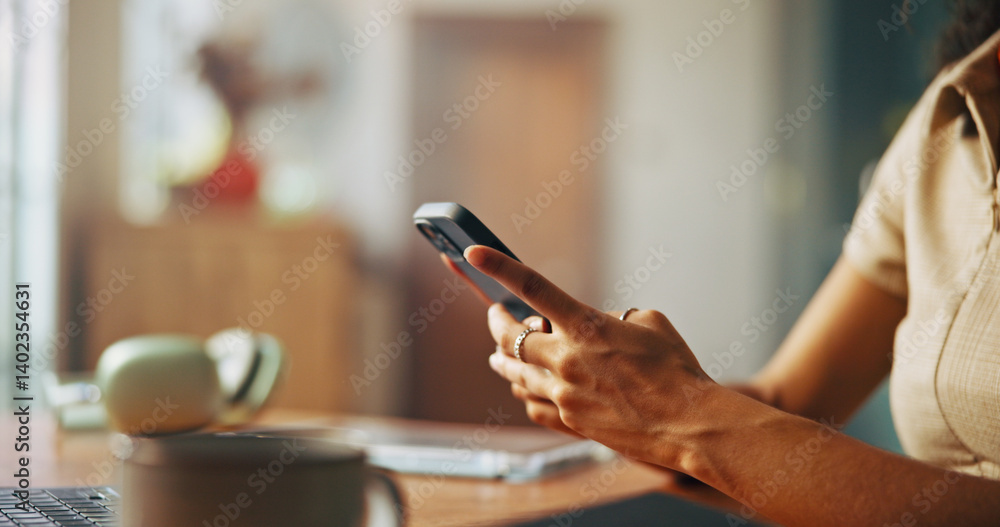 Poster typing, phone and hands of person in home for social media, internet and online networking on websit