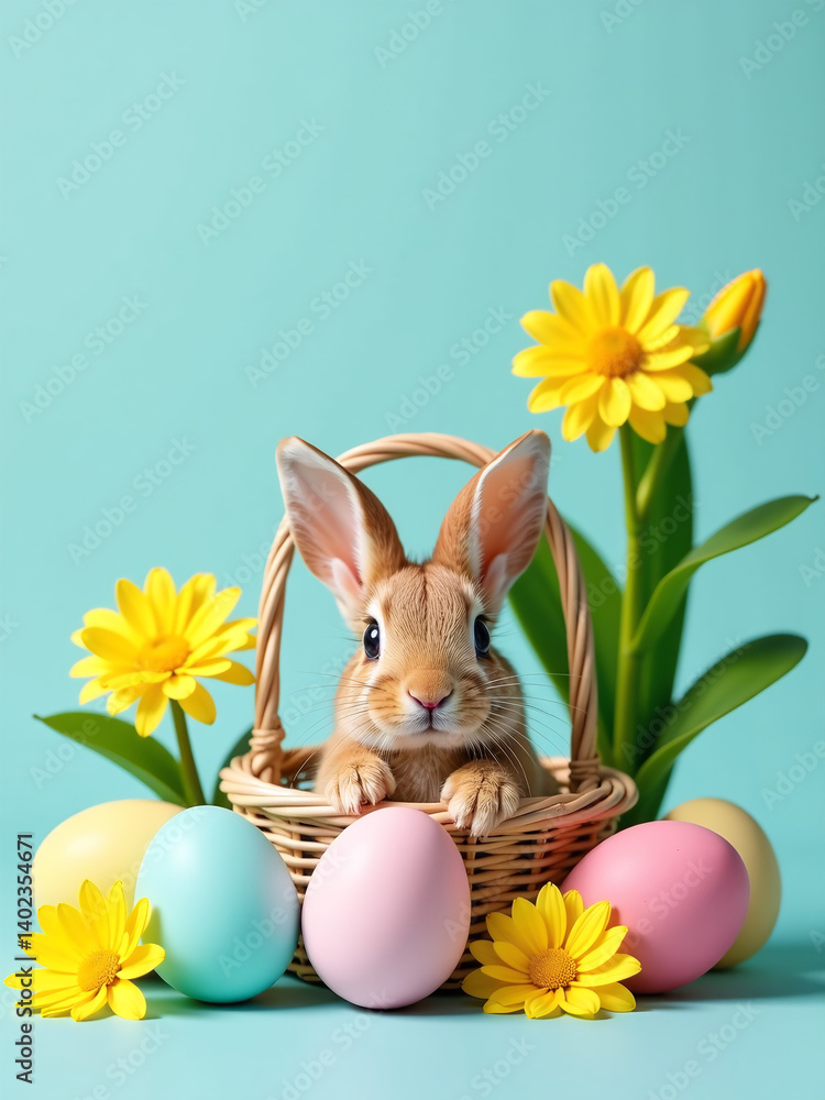 Aufkleber Overhead Shot Captures Trendy Easter Scene Tiny Baskets, Fresh Chrysanthemums, And A Bunny Hiding Behind Empty Eggs For A Greeting.