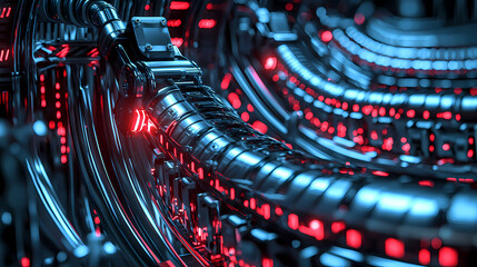 Fototapeta premium A futuristic close-up view of intricate metallic structures illuminated by red lights, showcasing advanced technology and design.