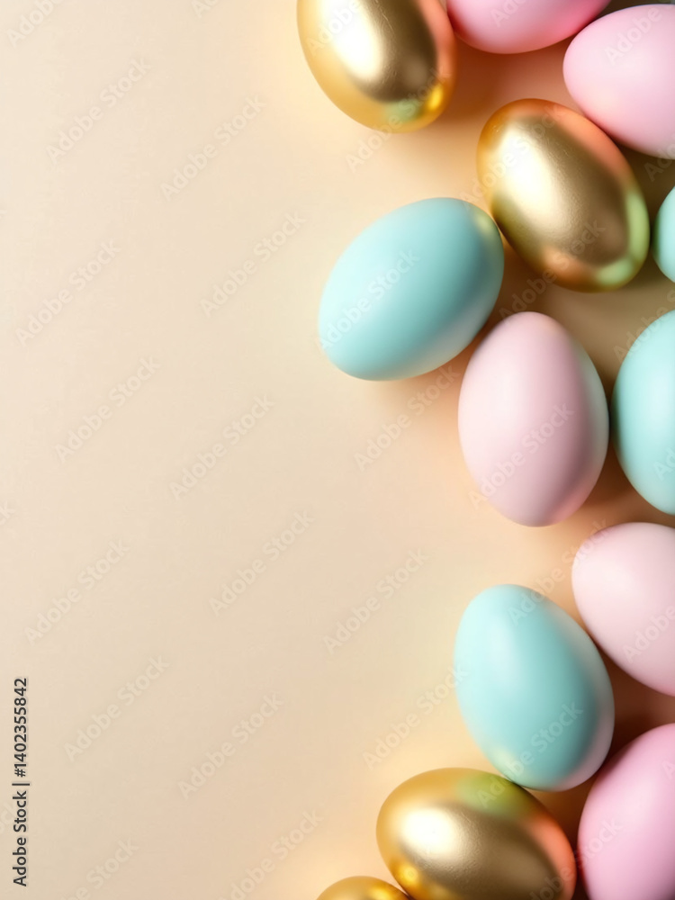 Poster Pastel And Gold Eggs Are Arranged Artistically In Patterns On A Neutral Background To Create Easter Decoration Designs.