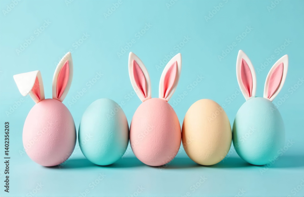 Poster pastel colored easter eggs with bunny ears are arranged vertically on a soft blue background for dec