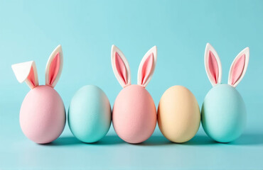 Pastel Colored Easter Eggs With Bunny Ears Are Arranged Vertically On A Soft Blue Background For Decorative Display.