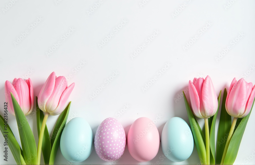Poster pastel easter eggs and pink tulips are artfully arranged on a plain white background to create a del