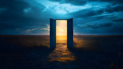 Light shining trough open door in field landscape at day, concept of new goals and progress