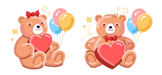Cute toy bear holding gift red heart and balloons. Birthday celebration, festive event or holiday party