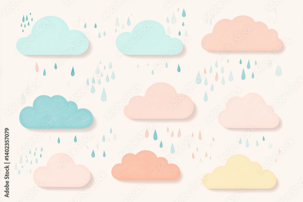 Poster pastel clouds with soft raindrops against a neutral background create a soothing atmosphere perfect 