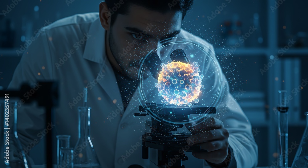 Poster scientist analyzing virus under microscope in laboratory for research and development
