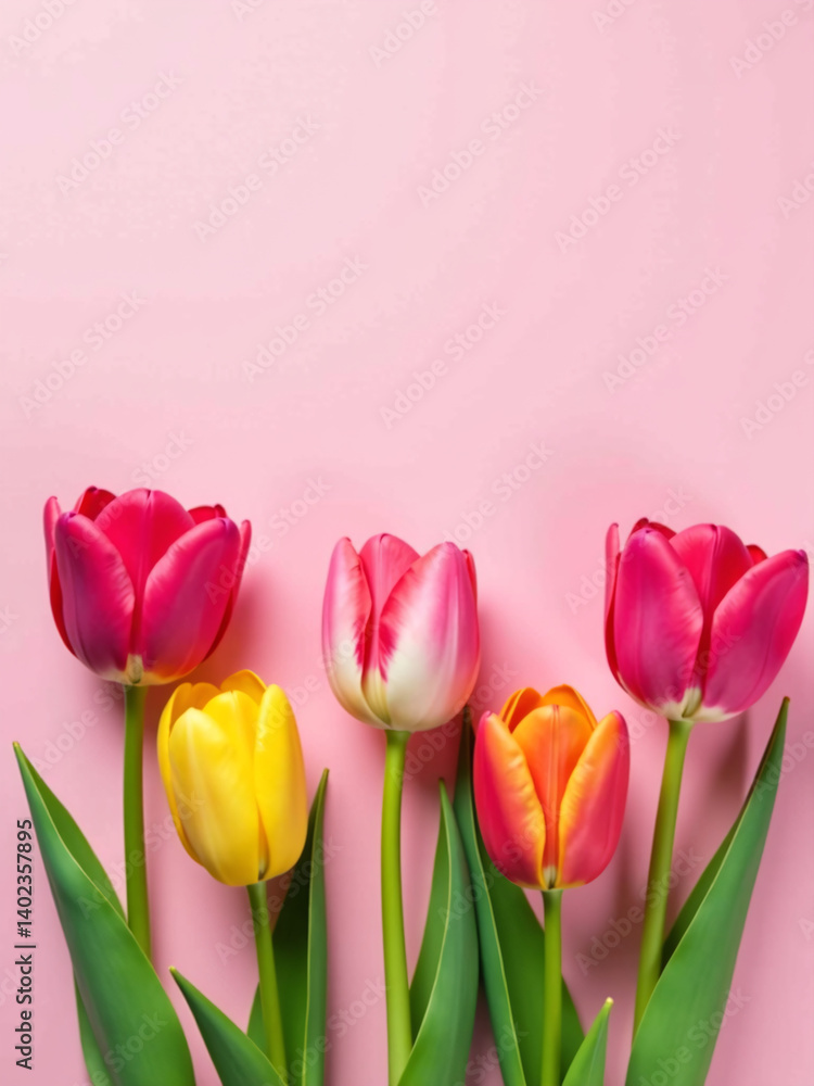 Poster photo features vibrant colorful tulips on a soft pastel pink background with empty space in the cent