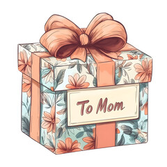 cartoon gift box with floral paper, bow, and "To Mom" label, isolated on white