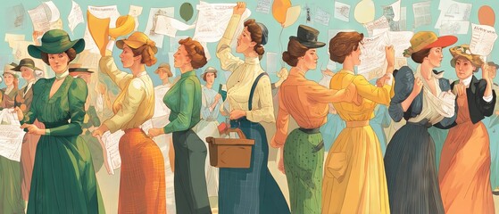 Labor Day postcard with women supporting equality and workforce unity
