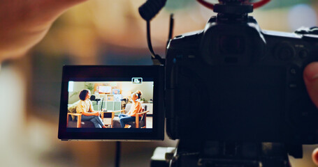 Hands, camera and recording people for podcast talk show, live streaming and hosting broadcast. Screen, presenter and video interview for content creator, radio news and information update in studio