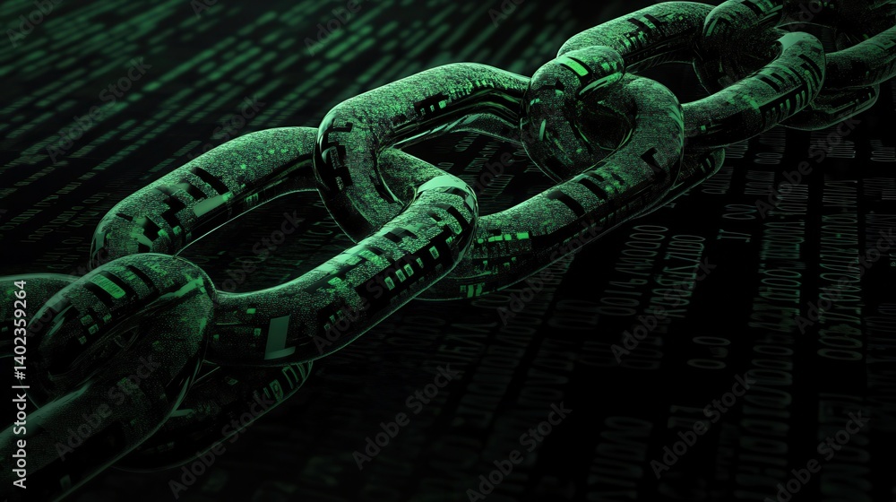 Poster image of encryption text and chain over data processing on dark interface screens illustration