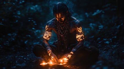 Warrior in forest with glowing orb performs ritual at twilight under a mystical atmosphere