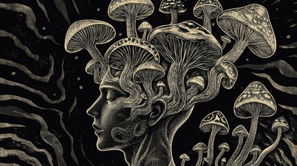 man head with mushrooms growing from the top, symbolizing imagination, nature, altered consciousness sketch engraving generative ai PNG illustration. Scratch board imitation. Black and white image. i