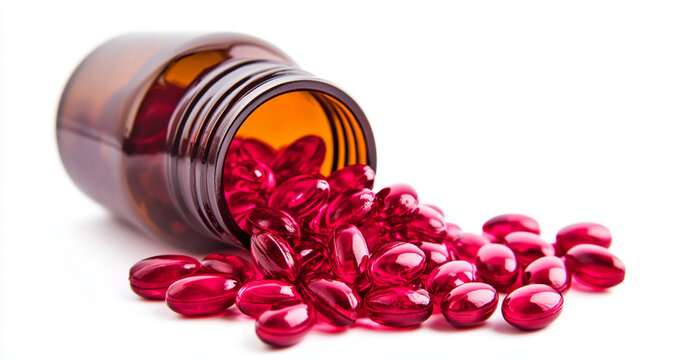 food supplement pink soft gel capsules spilling out	

