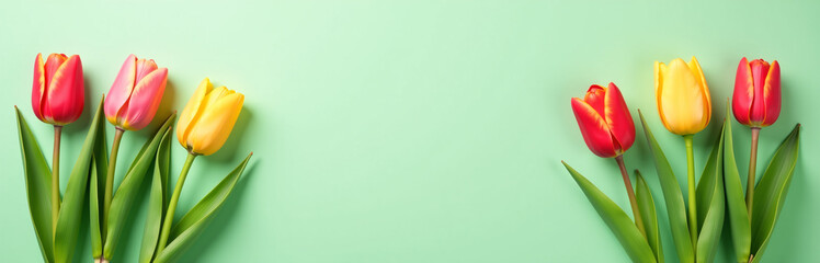 Fototapeta premium Photograph Of Colorful Tulips Against A Light Green Background With Copyspace In The Center For Spring Holiday Ideas.