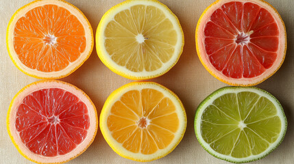 Obraz premium Citrus Symphony: A vibrant arrangement of citrus fruits, expertly sliced to reveal their juicy interiors, each bursting with color and freshness.