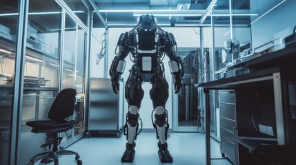 Advanced humanoid robot stands in a laboratory with blue lighting during a technology demonstration