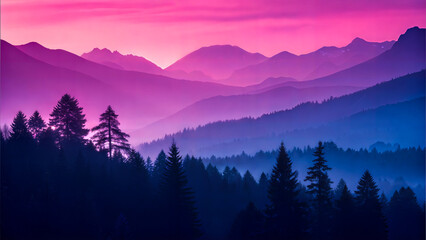 Obraz premium Vibrant pink and purple mountain sunset over a misty forest.