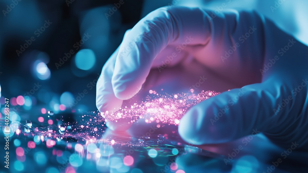 Poster scientific exploration of luminous particles with a gloved hand in a laboratory setting during eveni