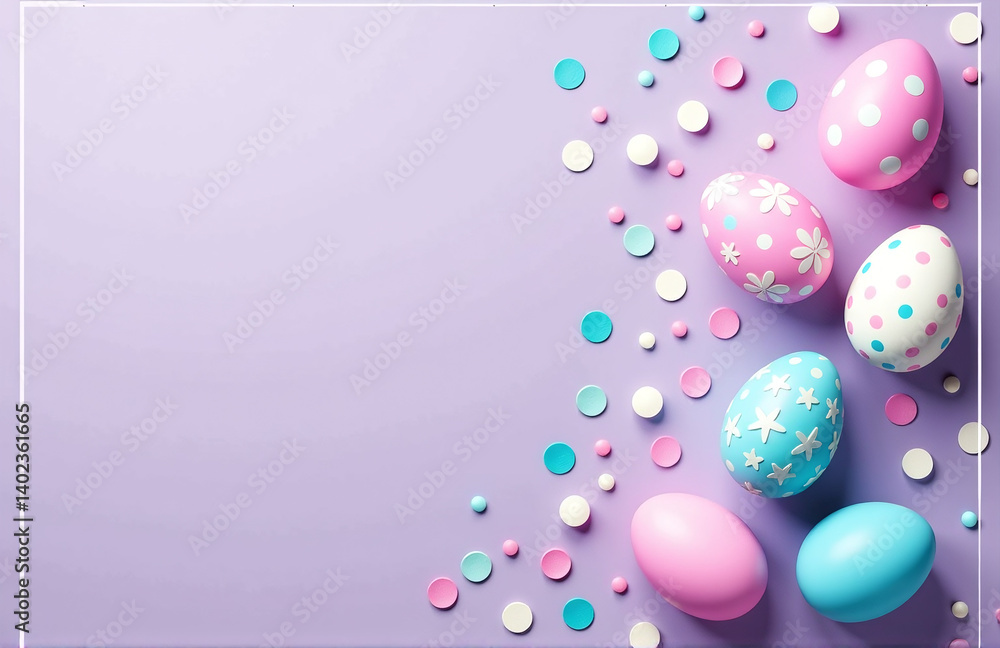 Poster pink blue white easter eggs and confetti fill a lilac background with plenty of space for text and d