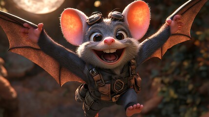 Cheerful Cartoon Mouse with Bat Wings in Flight