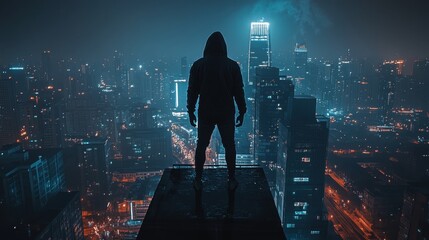 Fototapeta premium City skyline at night with a silhouetted figure, showcasing urban adventure and modern life in the glow of city lights