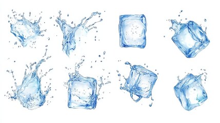 Obraz premium Ice cubes with water splash and drops. Cold mineral water, natural aqua or cocktail drink realistic vector splashes or frozen motion ripples ice cubes. beverage, soda isolated white background illust