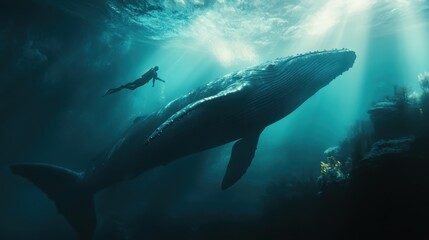 Fototapeta premium Diver interacts with majestic whale in deep ocean waters during a clear mid-afternoon