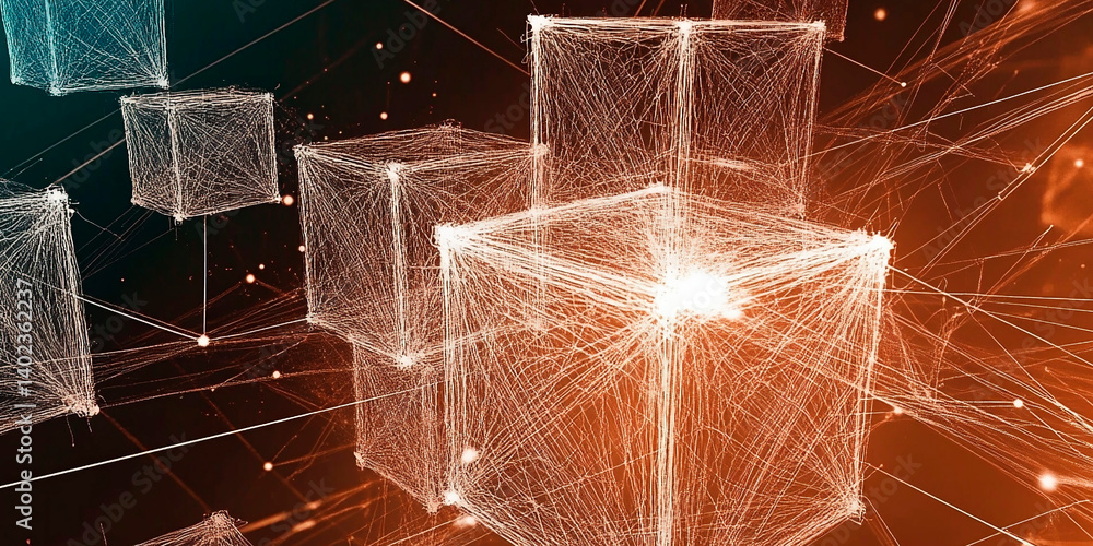 Poster abstract digital composition of glowing wireframe cubes connected by dynamic lines and particles in 