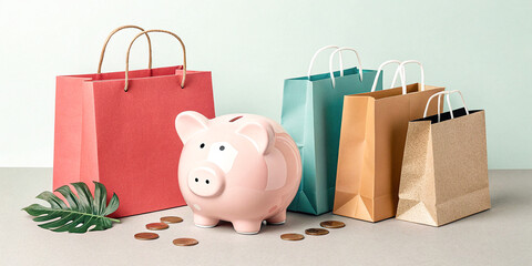 Pink piggy bank surrounded by colorful shopping bags and scattered coins on a neutral surface with a minimal background.