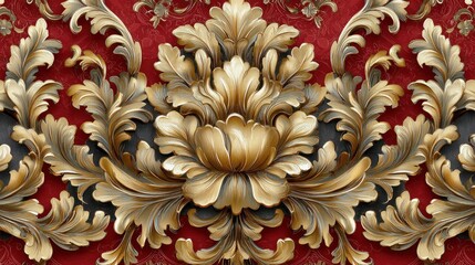 Ornate gold floral damask design on a red background.  Detailed, 3D-like embellishments