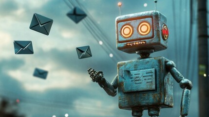 Cute robot sends virtual marketing emails. illustration