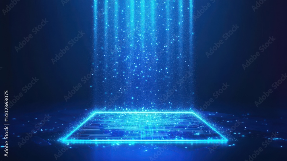 Poster neon glowing digital technology circuit board in computer. futuristic glowing bright blue color. abs
