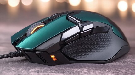 Obraz premium Dark Green and Black Textured Gaming Mouse with RGB Lighting on Dark Surface