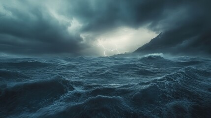 Powerful lightning strikes illuminating a dark ocean under stormy clouds during nighttime