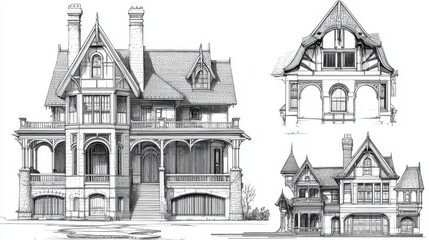 Collection of detailed architectural drawings and blueprints for construction illustration