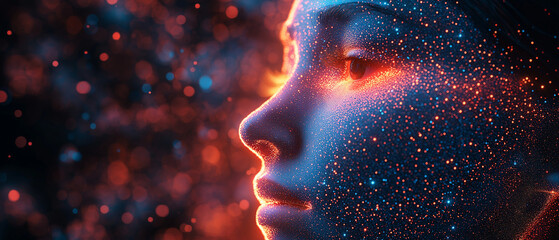 Digital Being: A profile view of a woman's face, adorned with glowing particles, creating a surreal and futuristic aesthetic. The background is a nebula-like explosion of color and light.