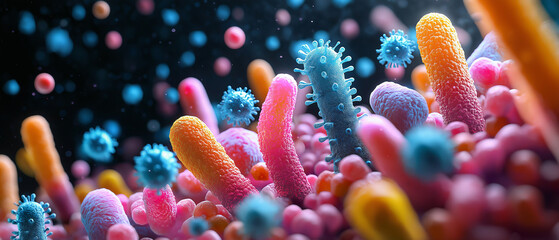 Fototapeta premium Microbial Universe: A vibrant, colorful illustration depicting a diverse array of microscopic organisms, bacteria, and viruses, illustrating the complexity and beauty of the microbial world.