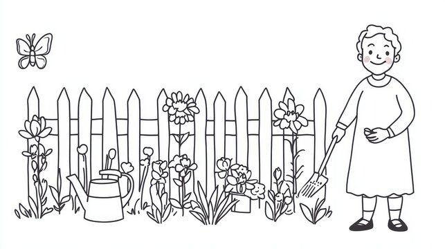 A charming black-and-white illustration depicts an elderly woman tending to her garden with a watering can and shovel. The scene radiates warmth and dedication to nurturing nature.
