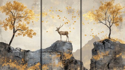 Autumn Wildlife: Majestic Deer in Vibrant Woodland Landscape Triptych &ndash; Decorative Oil Painting Art Canvas