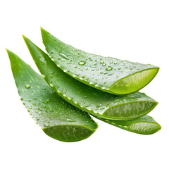 Stacked aloe vera leaf pieces with water drops on white background